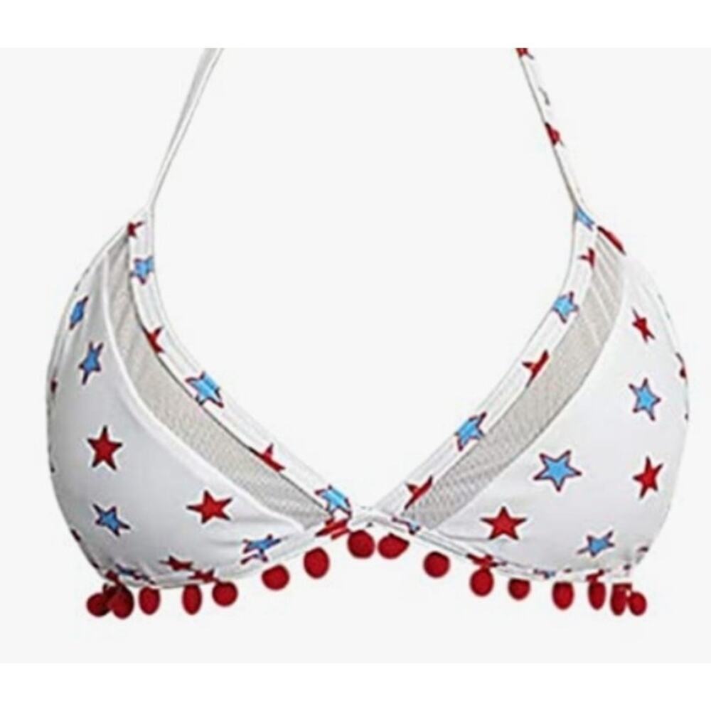 Bikini Top Red White Blue Pom Pom Mesh Stars Spangled Size Large